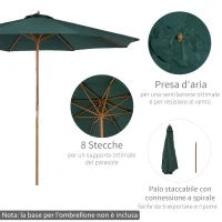 Outsunny Ombrellone da Giardino 3x2.5 m con Apertura a Corda, 8 Stecche, in Legno e Poliestere Verde Scuro(m-4)