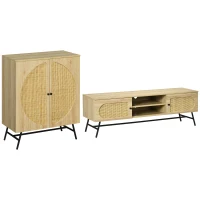 HOMCOM Lot de Meuble TV et Meuble de rangement - design aspect bois et cannage - 2 passe-câbles - pieds métal noir - naturel(m-1)