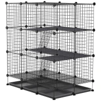 PawHut 3 Level DIY Pet Playpen Metal Small Animal Cage Rabbit Ferret Chinchillas Cage 4 Doors Bottom Trays Black(m-11)