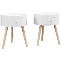 HOMCOM Modern Side Table, Small Coffee Table, Round Bedside Table with Drawer and Wood Legs for Living Room, Bedroom, Set of 2, White(m-1)