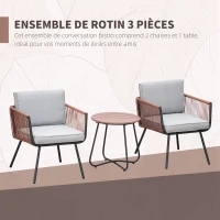 Outsunny Ensemble de jardin en résine tressée 3 pièces cadre en acier 2 fauteuils + table basse coussins inclus teck gris orange(m-6)