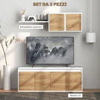 HOMCOM Set Mobile TV e Armadietto a Muro con 7 Ripiani e Scaffale Aperto, in Legno, 120x41x43.3 cm, Bianco e color Legno(m-4)