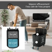HOMCOM Chariot de nettoyage lavage seau de ménage 20 L avec essoreur et séparateur eau sale propre noir 60L x 27l x 70,5H cm(m-5)