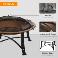 Outsunny 76cm Metal Large Firepit Bowl Outdoor Round Fire Pit w/ Lid, Log Grate, Poker for Backyard, Camping, Picnic, Bonfire, Wood Burning Stove, Bronze(m-5)