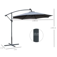 Outsunny Ombrellone da Giardino Ø3x2.5 m a Braccio con Manovella e 8 Strisce LED a Energia Solare, Grigio(m-3)