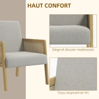 HOMCOM Fauteuil lounge chaise en rotin avec coussin - assise profonde accoudoirs en cannage - structure bois - aspect lin fris(m-6)