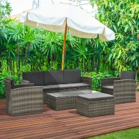 Outsunny Rattan Garden Furniture Outdoor Patio 5 Piece Wicker Weave Sofa Set with Storage,  Cushioned, 3-Seater Sofa + 2 Single Chairs + Foot Stool + Coffee Table(m-11)