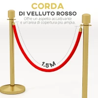 HOMCOM Colonnine Segnapercorso in Acciaio Inox Oro con Corda Vellutata Rossa di 1.5 m e Base Riempibile,, Ø32x96 cm(m-5)