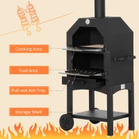 Outsunny Outdoor Garden Pizza Oven Charcoal BBQ Grill 3-Tier Freestanding w/ Chimney, Mesh Shelf, Thermometer Handles, Wheels Garden Party Gathering Stainless Steel Cooker(m-7)