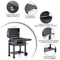 Griglia Barbecue 2 Griglie di Cottura 4 Palette Laterali 1 Cassetta Regolabile in Altezza 4 Comodi Gancini 2 Rotelle e 1 Maniglia Acciaio Inox e Ferro Grigio Certificato GS 115×56×108cm(m-5)