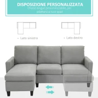 HOMCOM Divano Angolare Moderno e Componibile, Divano 3 Posti con Penisola Reversibile in Tessuto Grigio Chiaro, 197x139x 91cm(m-5)
