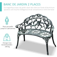 Outsunny Banc de Jardin 2 Places Style néo-rétro Motif Rose Lignes fuselées 100L x 54l x 78H cm Fonte d'aluminium Vert Vieilli(m-6)