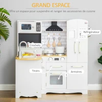 HOMCOM Cuisine pour Enfant 3-6 ans Jeu d'imitation Nombreux Accessoires rangements évier, robinet, four, micro-ondes, hotte, téléphone et réfrigérateur Blanc(m-6)