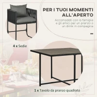Outsunny Set da Giardino 5 Pezzi in Rattan PE e Acciaio, 4 Sedie da Esterno con Cuscini e Tavolo Rettangolare(m-4)