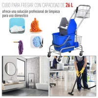 HOMCOM Cubo de Fregona 26 L Cubo Fregado Comercial con Escurridor de Presión Hacia Abajo Ruedas y Cestas de Almacenamiento 73x45x95 cm Azul(m-6)