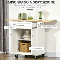 HOMCOM Carrello da Cucina Espandibile in Legno Bianco Cassetto, Armadietto, Portasciugamani e 4 Ruote 119.6x45.7x91.2cm(m-4)