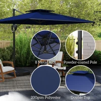 Outsunny Cantilever Parasol with Weighted Base Double Top Garden Parasol Square Hanging Patio Umbrella with Crank Tilt Dark Blue(m-6)