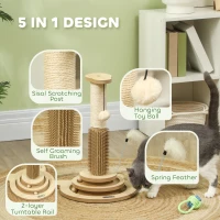 PawHut 49cm 5 in 1 Cat Scratching Post with Sisal Post, Track Ball, Self Grooming Brush, Hanging Toy Ball, Feather, Oak Tone(m-4)