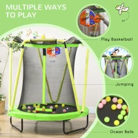 ZONEKIZ Cama Elástica Infantil Ø140 cm con Red de Seguridad Canasta de Baloncesto y 20 Bolas de Plástico Verde(m-8)