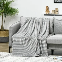 HOMCOM Flannel Fleece Blanket for Sofas, All-Season Fluffy Warm Throw Blanket for Bed, Couch, Chair, Striped Reversible Travel Bedspread, King Size, 230 x 230cm, Grey(m-10)