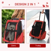 PawHut Trasportino Zaino 2 in 1 per Cani e Gatti con Tasche Laterali, Maniglia Telescopica e Ruote, 42x25x55cm, Rosso(m-4)