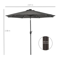 Outsunny Φ2.7m Garden 24 LED Light Parasol Solar Outdoor Tilt Sun Umbrella Patio Club Party Event Manual Sun Shade w/ Hand Crank and 8 Ribs, Grey(m-3)