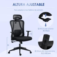 Vinsetto Silla de Oficina Giratoria con Reposabrazos 2D Silla Escritorio Regulable en Altura Reposacabezas Soporte Lumbar y Respaldo Alto Malla Transpirable 67x64x117-127 cm Negro(m-4)