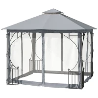 Outsunny 3 x 3(m) Garden Gazebo Patio Party Tent Shelter Outdoor Canopy Double Tier Sun Shade Metal Frame Netting, Light Grey(m-12)