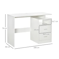 HOMCOM Bureau Informatique 2 tiroirs coulissants 3 étagères dim. 108L x 48l x 76H cm Panneaux Particules MDF Blanc(m-3)