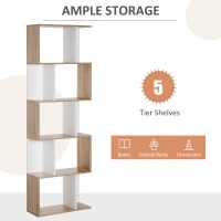 HOMCOM Bookcase, S-Shaped Wooden Bookshelf, 5/6 Tiers Freestanding Storage Shelf, Home Office Decorative Display Stand Rack, Oak and White, 24D x 60W x 184.5H(m-5)
