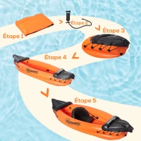 Outsunny Canoé kayak gonflable 1 personne avec gonfleur et rame en aluminium, orange(m-6)