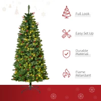 HOMCOM 5FT Prelit Artificial Pencil Christmas Tree with Warm White LED Light, Red Berry, Holiday Home Xmas Decoration, Green(m-4)
