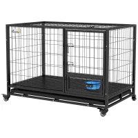 PawHut Heavy Duty Dog Crate on Wheels w/ Bowl Holder, Removable Tray, Openable Top, Detachable Door, for L, XL Dogs(m-11)