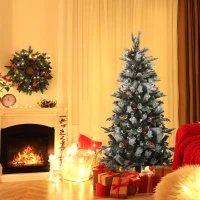 HOMCOM Albero di Natale Innevato 150cm con Bacche Rosse e Pigne Bianche, Base Rimovibile Pieghevole, 440 Rami, Verde(m-2)