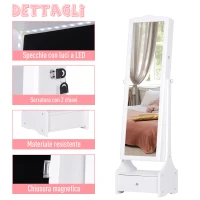 HOMCOM LED Portagioie Armadio per Gioielli con Specchio con Base a Cassettiera cassetto Organizzatore Gioielli e Accessori 45x36x150 cm(m-7)