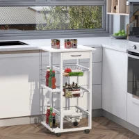 HOMCOM Chariot de service desserte de cuisine à roulettes multi-rangements 3 paniers métal tiroir + 2 range-bouteilles bois pin blanc(m-2)