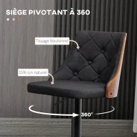 HOMCOM Lot de 2 tabourets de bar réglable en hauteur rotatif sur 360° avec repose-pieds, tissu capitonné(m-4)