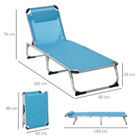 Outsunny Foldable Outdoor Sun Lounger, Reclining Lounge Chair Camping Bed Cot with Pillow 4-Level Adjustable Back Aluminium Frame, Blue(m-3)