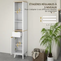 HOMCOM Armoire de salle de bain meuble colonne salle de bain avec 3 étagères tiroir 2 étagères réglables 33 x 30 x 170 cm blanc(m-6)
