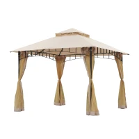 Outsunny Tonnlle de jardin Barnum Pavillion de jardin 3 x 3 Double Toit avec moustiquaires Amovibles  imperméable Beige(m-9)