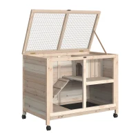 PawHut Rabbit Hutch Indoor Wooden Guinea Pig House Hamster Cage with Wheels, 2 Layers Bunny Cage with Openable Roof, 91.5 x 53.3 x 73 cm, Natural(m-9)