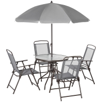 Outsunny 6 Piece Garden Dining Set with Umbrella, Outdoor Dining Sets with Parasol, 4 Folding Dining Chairs & Round Tempered Glass Table, Grey