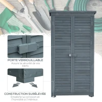 Outsunny Armoire de jardin remise pour outils en bois 2 étagères toit bitumé portes persiennes 87 x 47 x 160 gris(m-6)
