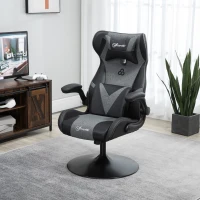 Vinsetto Chaise de gaming ergonomique avec base ronde hauteur réglable accoudoir relevable coussins tétière et lombaires PU gris noir(m-2)