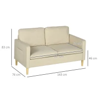HOMCOM Two Seater Sofa for Living Room, Modern Fabric Couch with Wood Legs and 2 Pockets for Bedroom and Home Office, Beige(m-3)
