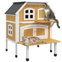 PawHut Outdoor Cat Shelter 2 Tiers Wooden Feral Cat House with Openable Asphalt Roof, Escape Doors, Terrace, for 1-2 Cats(m-1)