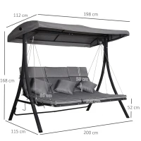 Outsunny 3 Seater Garden Swing Seat Outdoor Swing Chairs Chaise Lounge Padded Seat Hammock Canopy Porch Patio Bench Bed Recliner Sun Lounger - Grey(m-3)