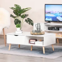 HOMCOM Table Basse rectangulaire Design scandinave Grande Niche et tiroir Coulissant Bois Massif pin Panneaux Particules Blanc(m-2)