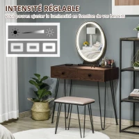 HOMCOM Coiffeuse Table de maquillage moderne - Miroir LED réglable intégré - Tabouret Inclus - pied en métal Noir - 2 tiroirs + 1 Organisateur Imitation Bois Noyer foncé(m-5)