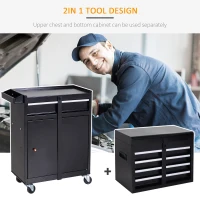 DURHAND Tool Chest 2 in 1 Metal Tool Cabinet Storage Box with 5 Drawers Pegboard Wheels 60x28x104.5cm Black(m-4)